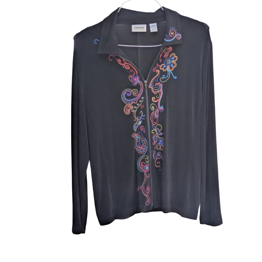 Chicos Travelers Black Embroidered Zip Front Jacket Paisley Floral Size 2 L - Picture 2 of 4
